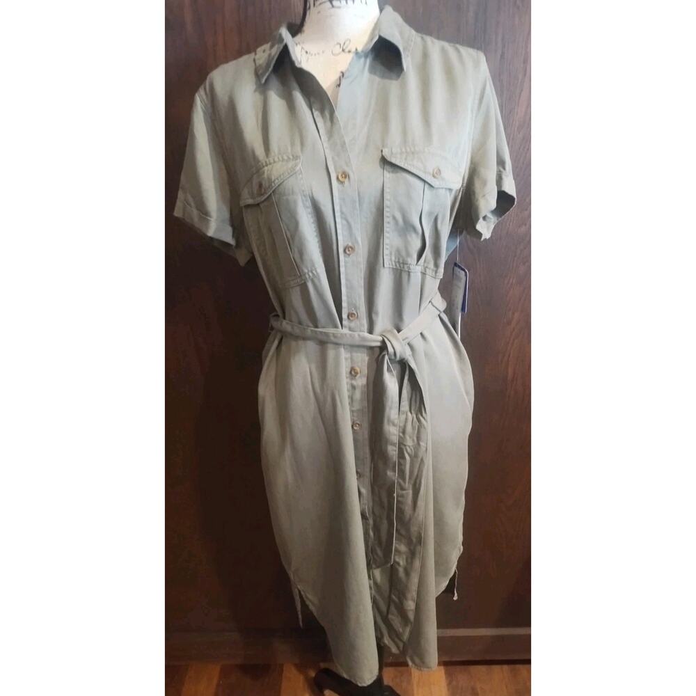 Teddi Rose Womens Olive Green Tencel Lyocell Utility Shirt Dress Tie Large NWT
